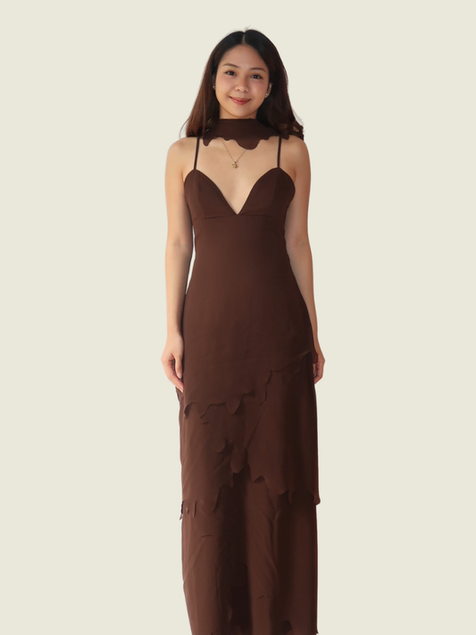 Carina Atelier Brown Scarf Cape Ruffle Maxi Dress
