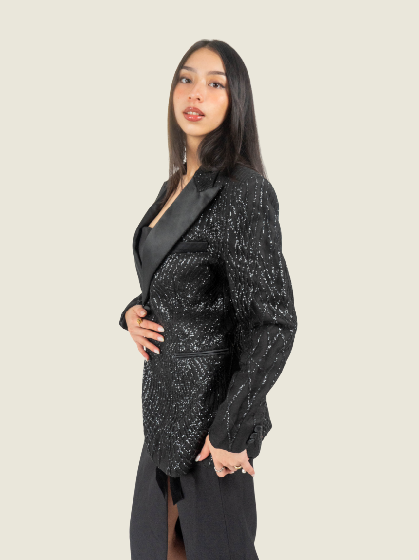 Chris Nick Black French Twill with Glitter Overlay Tuxedo Blazer