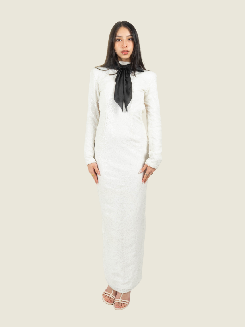 Chris Nick White Sequin Backless Long Sleeve Gown