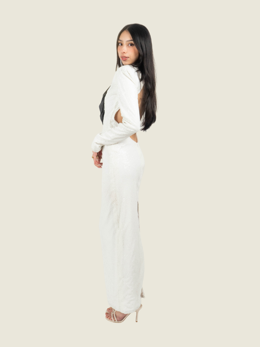 Chris Nick White Sequin Backless Long Sleeve Gown