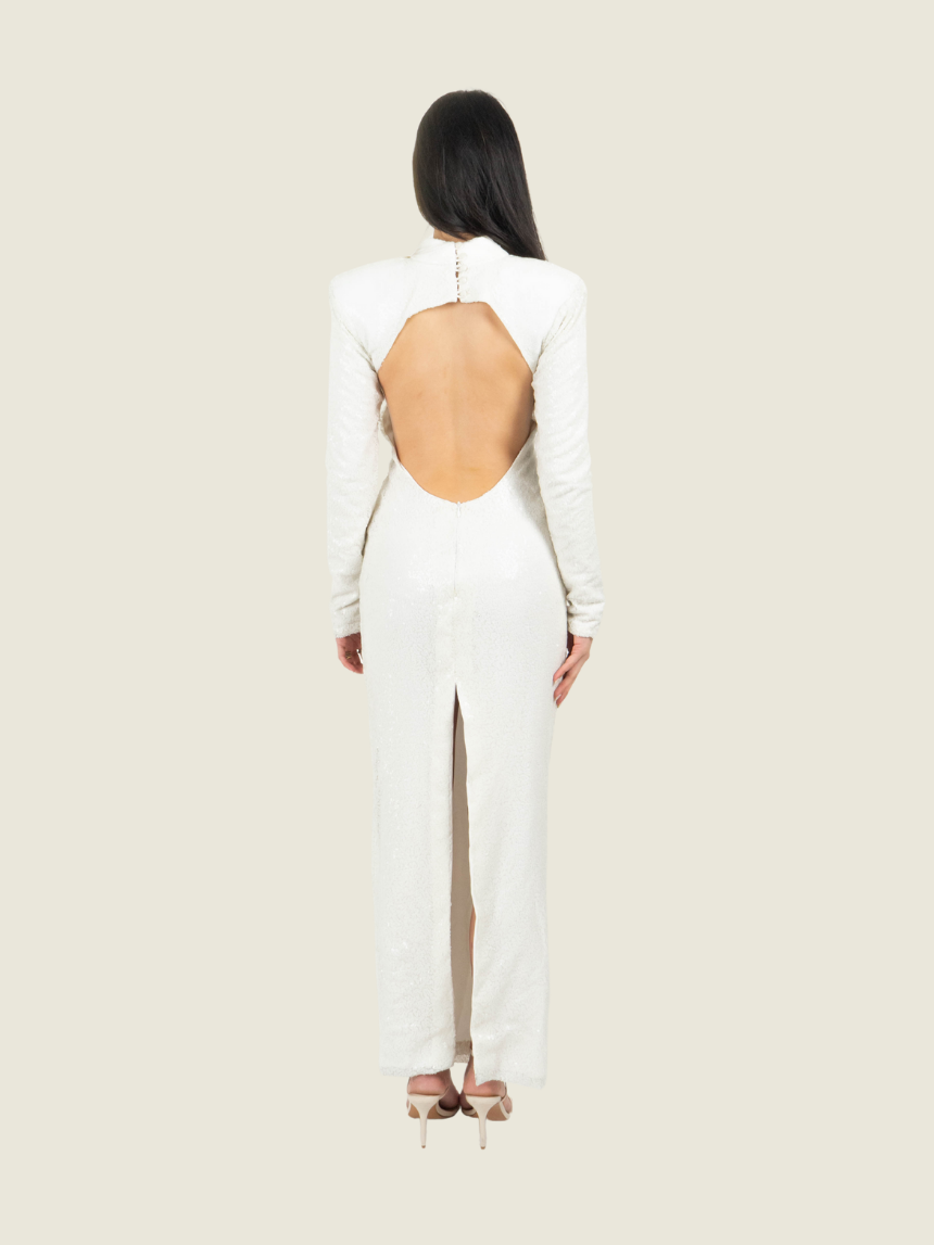 Chris Nick White Sequin Backless Long Sleeve Gown
