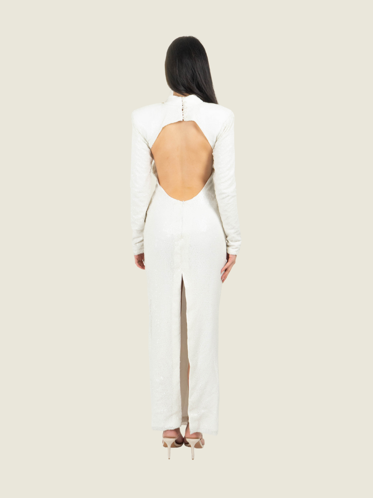 Chris Nick White Sequin Backless Long Sleeve Gown