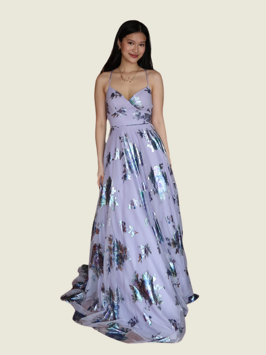 City Vibe Purple Floral Metallic Gown