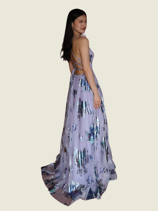 City Vibe Purple Floral Metallic Gown