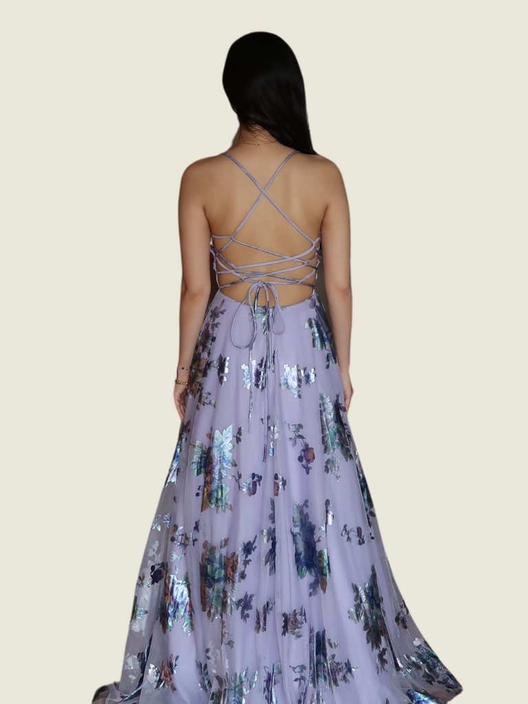 City Vibe Purple Floral Metallic Gown