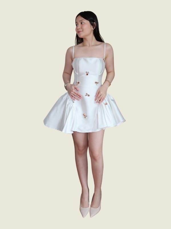 Custom Mikado White Beaded Mini Dress