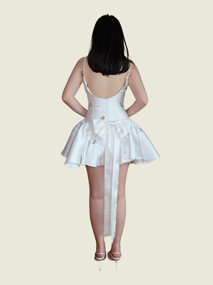 Custom Mikado White Beaded Mini Dress