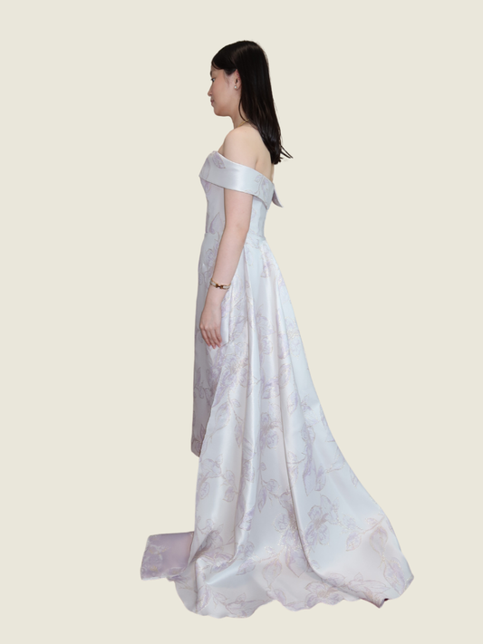 Ella Chua Off Shoulder Midi Dress with Detachable Train