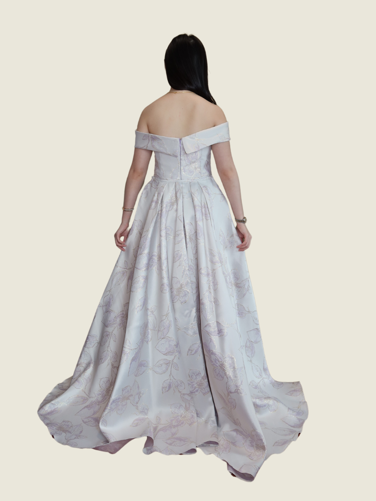 Ella Chua Off Shoulder Mini Dress with Detachable Train