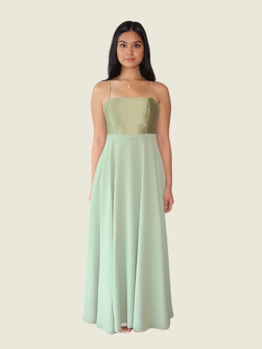 Eustacia Rodriguez Sage Green Gown with Ruffle Cover Up