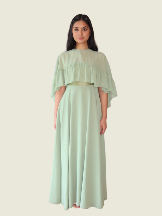 Eustacia Rodriguez Sage Green Gown with Ruffle Cover Up