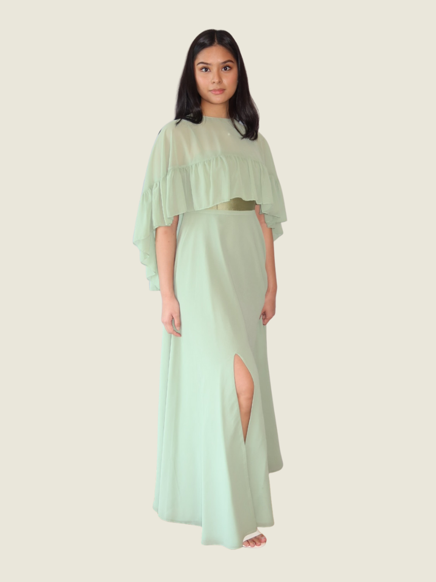Eustacia Rodriguez Sage Green Gown with Ruffle Cover Up