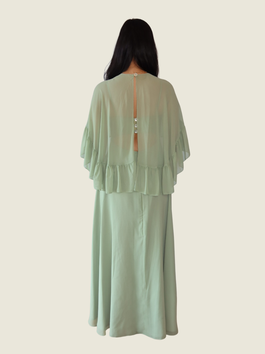 Eustacia Rodriguez Sage Green Gown with Ruffle Cover Up
