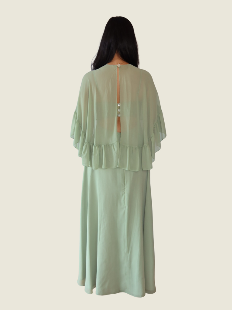 Eustacia Rodriguez Sage Green Gown with Ruffle Cover Up