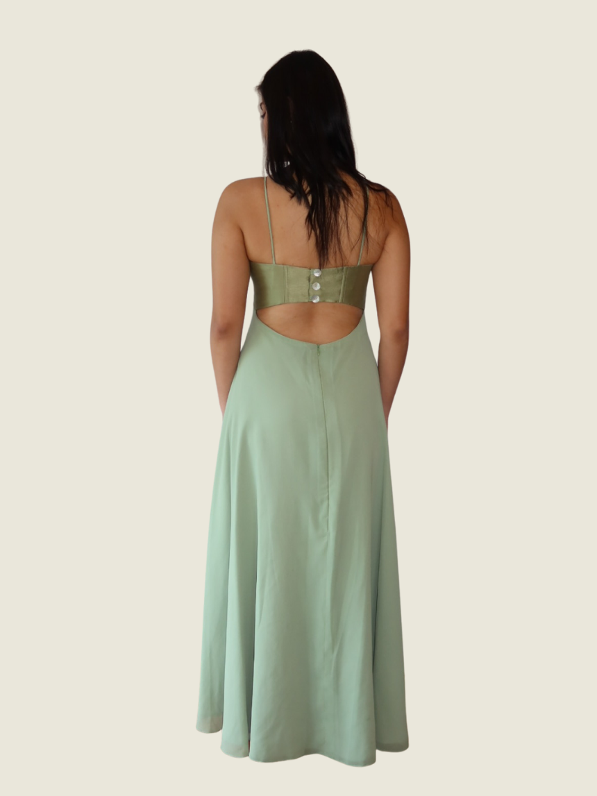 Eustacia Rodriguez Sage Green Gown with Ruffle Cover Up