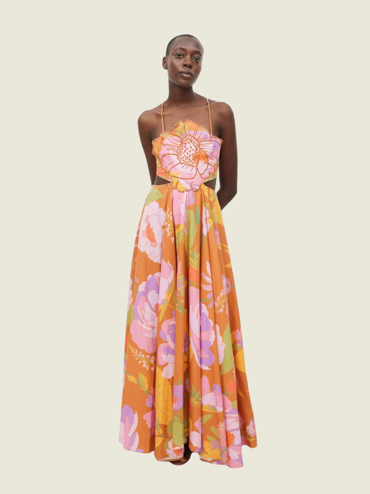 Farm Rio Cutout Embroidered Floral-print Linen-blend Maxi Dress