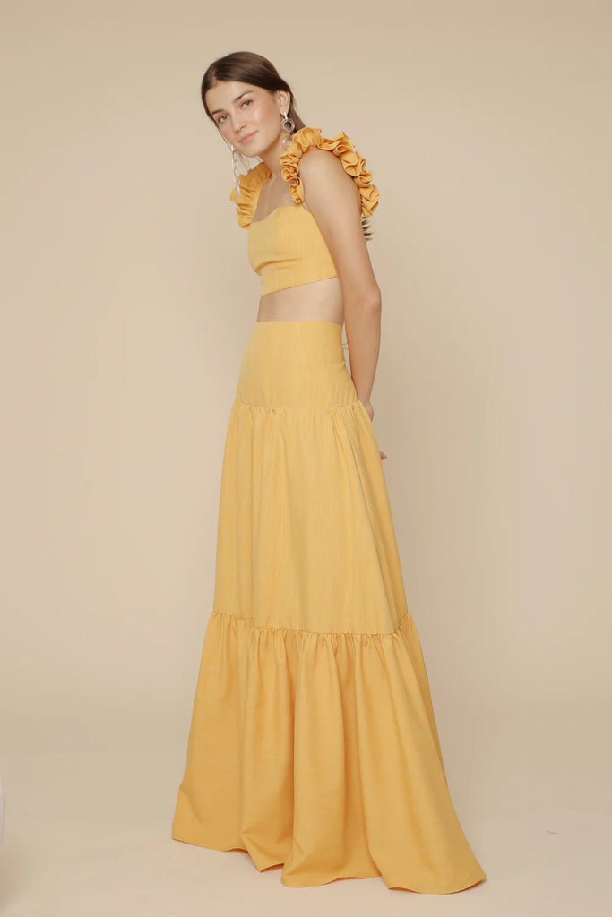Zoo the Label Guada Dress Crop Ruffle Top and High Waist Shirred Maxi Skirt