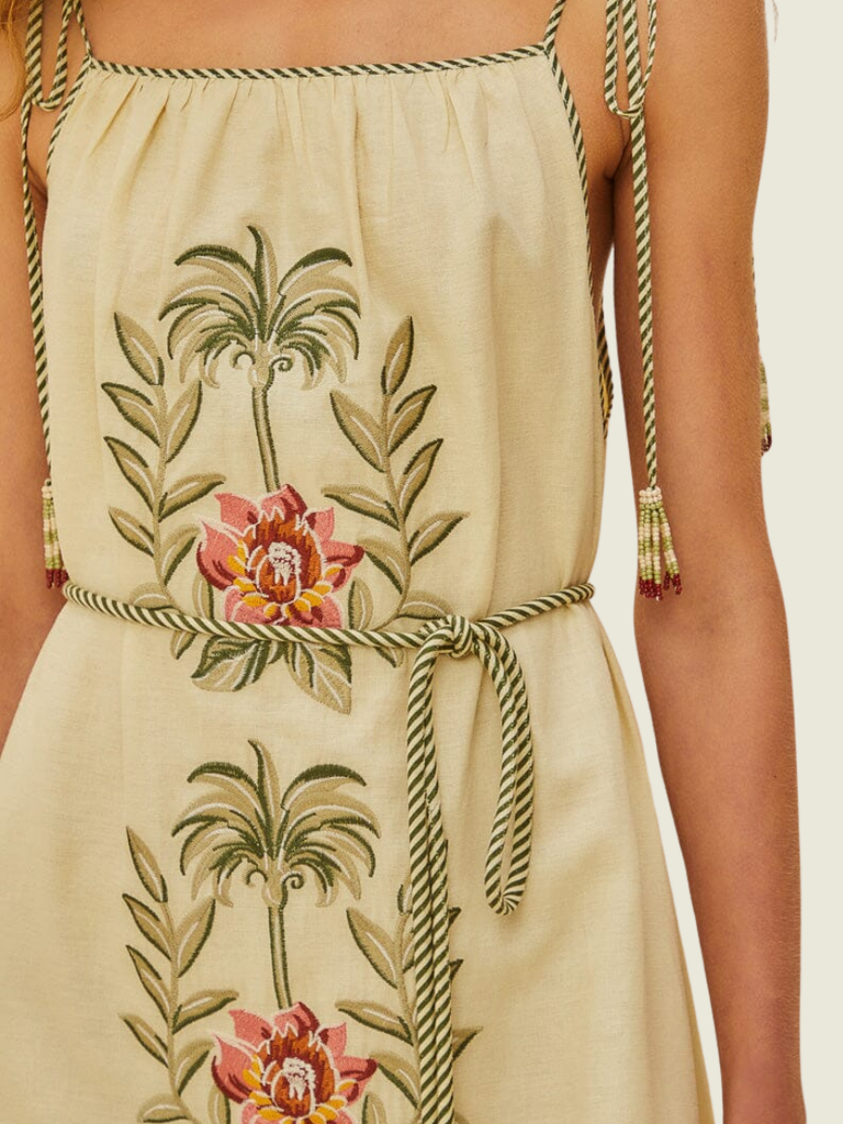 Farm Rio Tropical Flower Embroidered Sand Maxi Dress