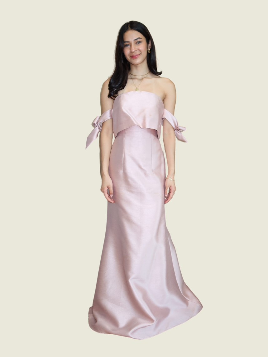 Frankie de Leon Off Shoulder Gazaar Serpentina Bow Gown
