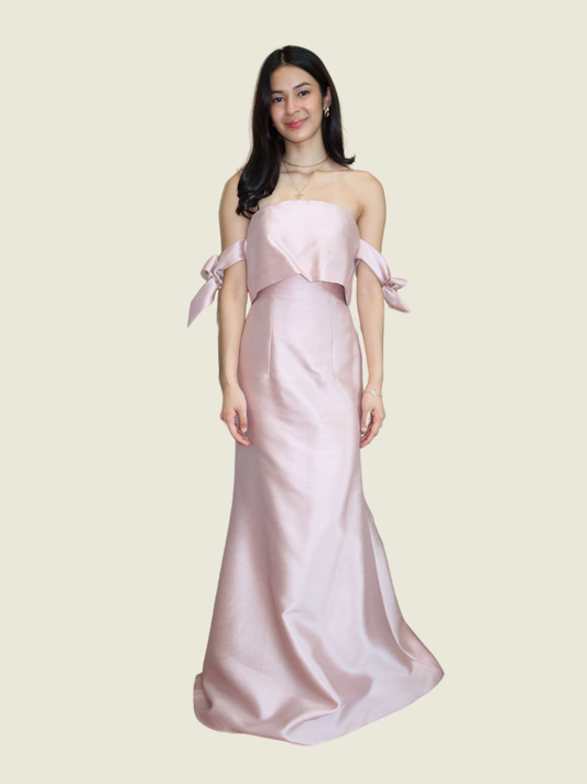 Frankie de Leon Off Shoulder Gazaar Serpentina Bow Gown
