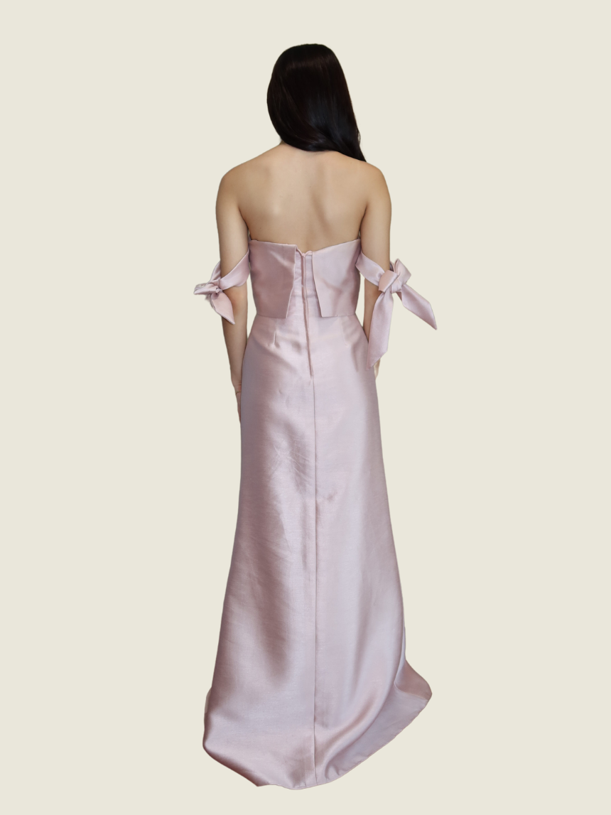 Frankie de Leon Off Shoulder Gazaar Serpentina Bow Gown