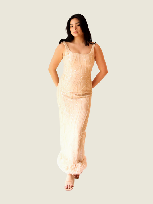 Gladys Gail Nude Sequins Dress with Floral Hem