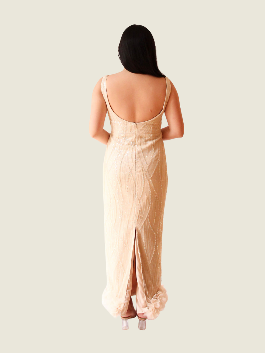 Gladys Gail Nude Sequins Dress with Floral Hem