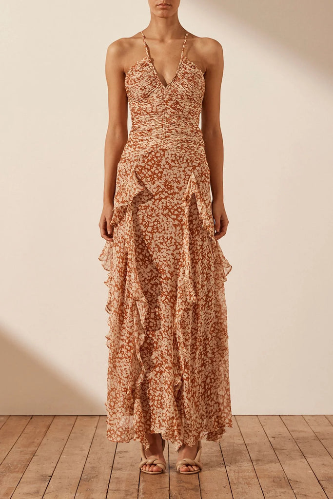 Shona Joy Hala Ruched Frill Maxi Dress