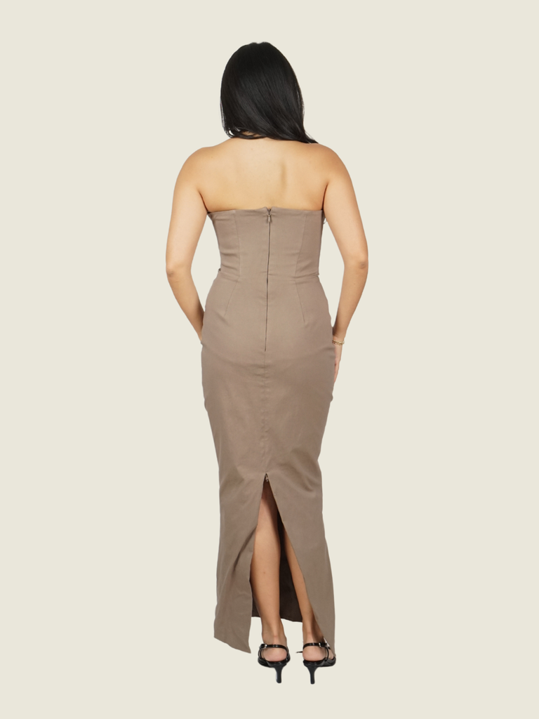 House of CB Lucia Taupe Strapless Corset Maxi Dress