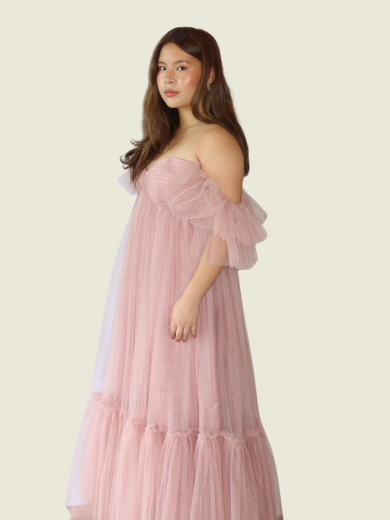 Kc Aquino Custom Shirred Off Shoulder Tulle Gown