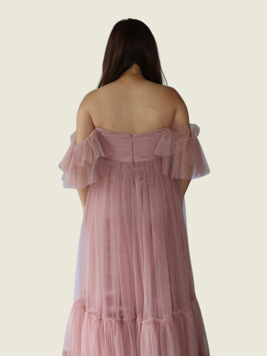 Kc Aquino Custom Shirred Off Shoulder Tulle Gown