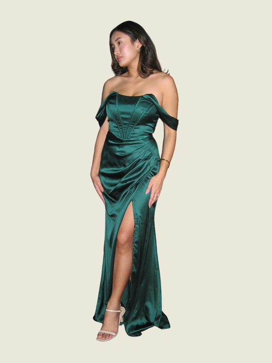 Maniju Emerald Green Off Shoulder Gown