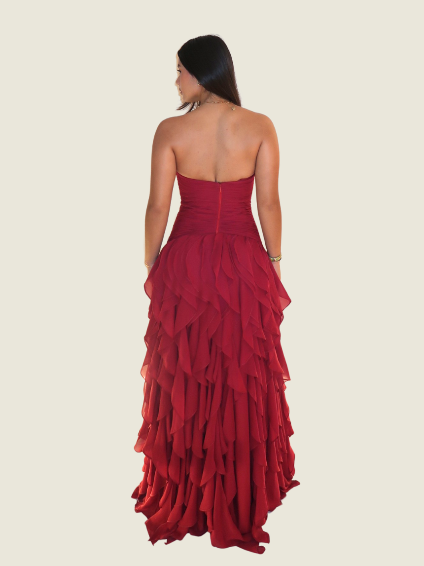 Mia Urquico Custom Burgundy Ruffle Gown