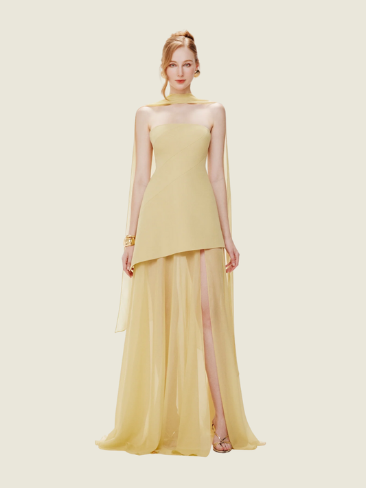 Mollynista Yellow Strapless Organza Train Dres