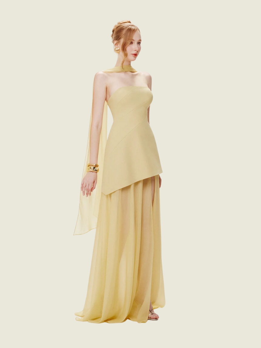 Mollynista Yellow Strapless Organza Train Dres