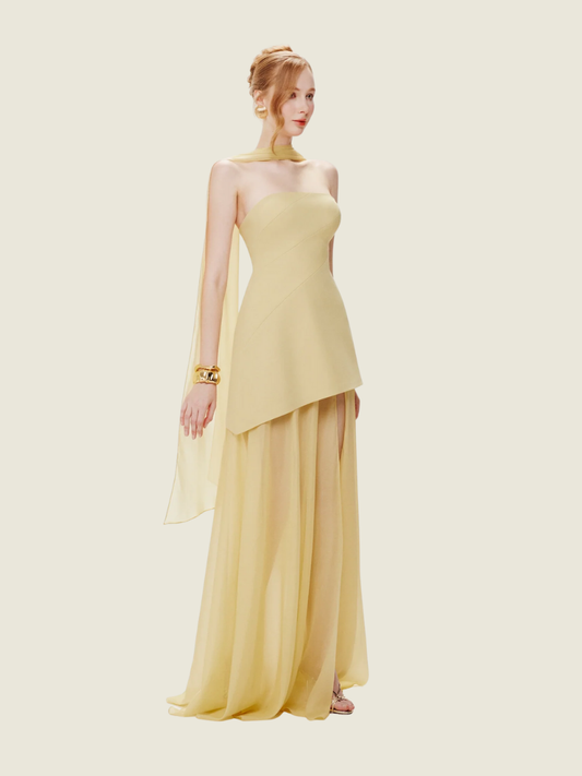 Mollynista Yellow Strapless Organza Train Dres