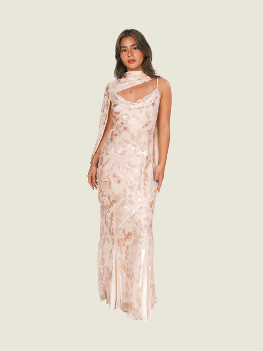 Monsoon Cowl Silk Bias Cut Maxi Dress in Cream and Ivory with Scarf