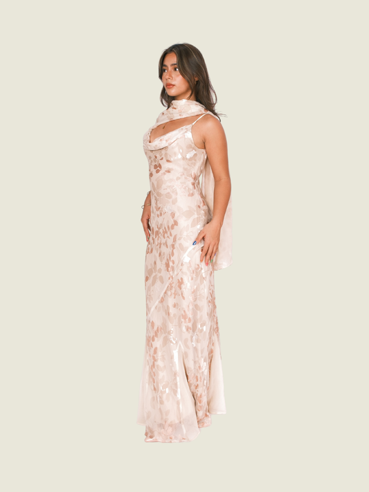Monsoon Cowl Silk Bias Cut Maxi Dress in Cream and Ivory with Scarf