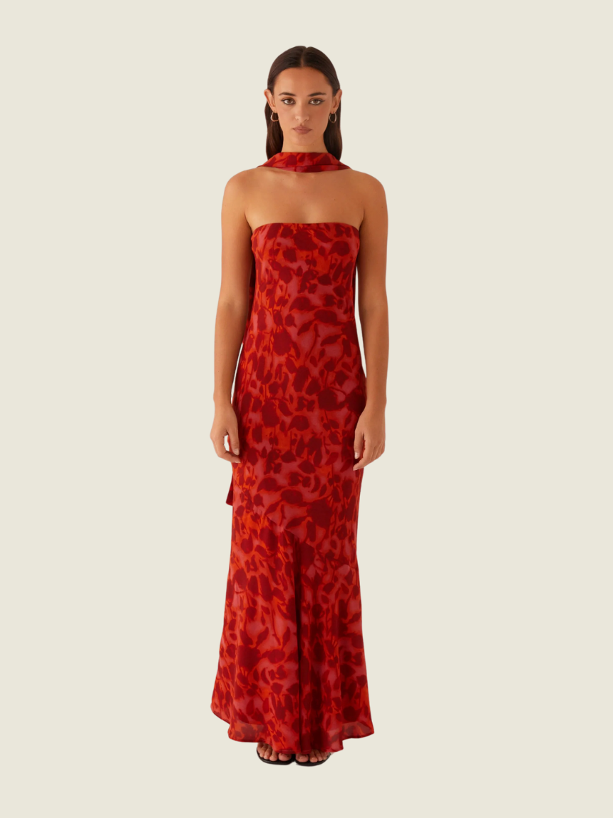 Peppermayo Under the Pagoda Maxi Dress in Deep Red Floral
