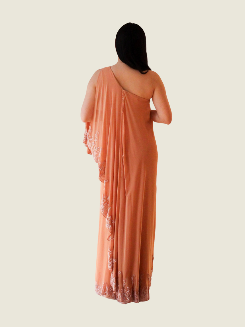 Rajo Laurel Orange One Shoulder Gown with Lace Detailing