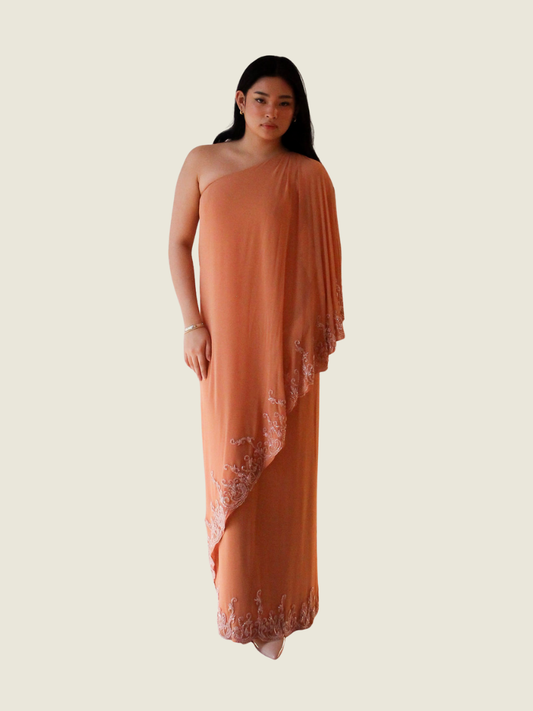 Rajo Laurel Orange One Shoulder Gown with Lace Detailing