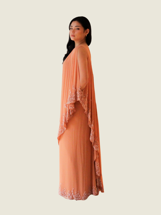 Rajo Laurel Orange One Shoulder Gown with Lace Detailing