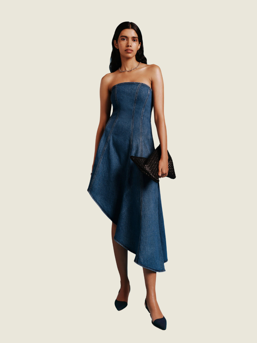 Reformation Blue Malina denim Strapless Corset Asymmetrical Mini Dress