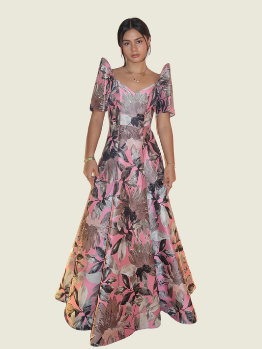 Rhett Eala Pink and Silver Abstract Filipiniana Gown