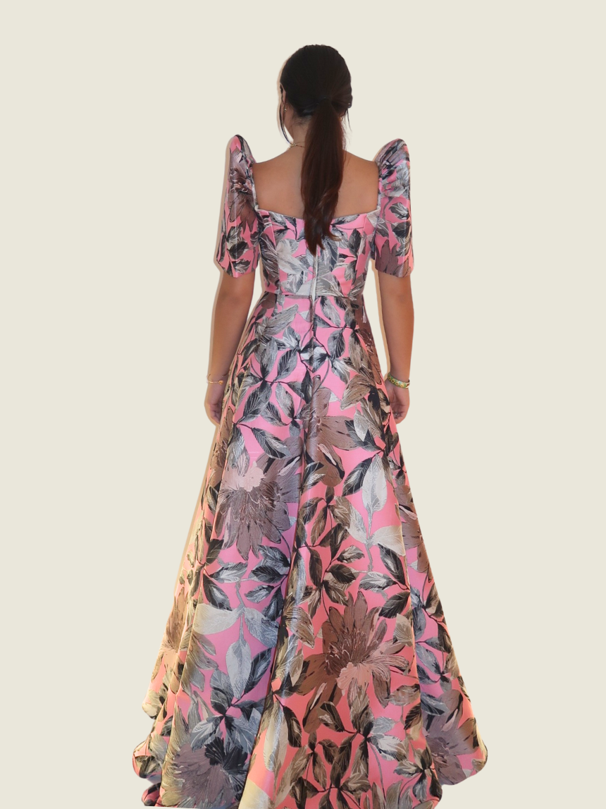 Rhett Eala Pink and Silver Abstract Filipiniana Gown