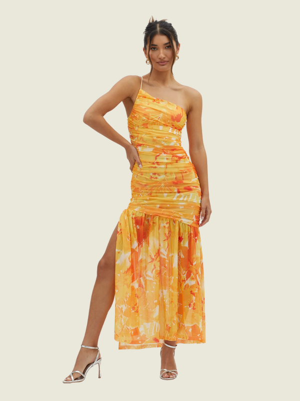 Saints & Secrets Golden Sun One-Shoulder Ruched Maxi Dress