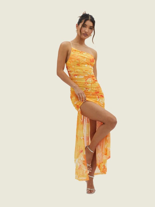 Saints & Secrets Golden Sun One-Shoulder Ruched Maxi Dress