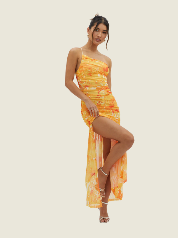 Saints & Secrets Golden Sun One-Shoulder Ruched Maxi Dress