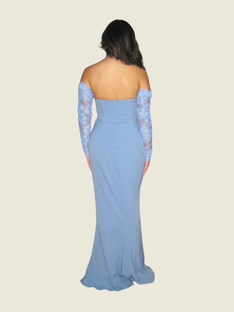 Sari Lazaro Blue Pleated Lace Gown with Lace Sleeves