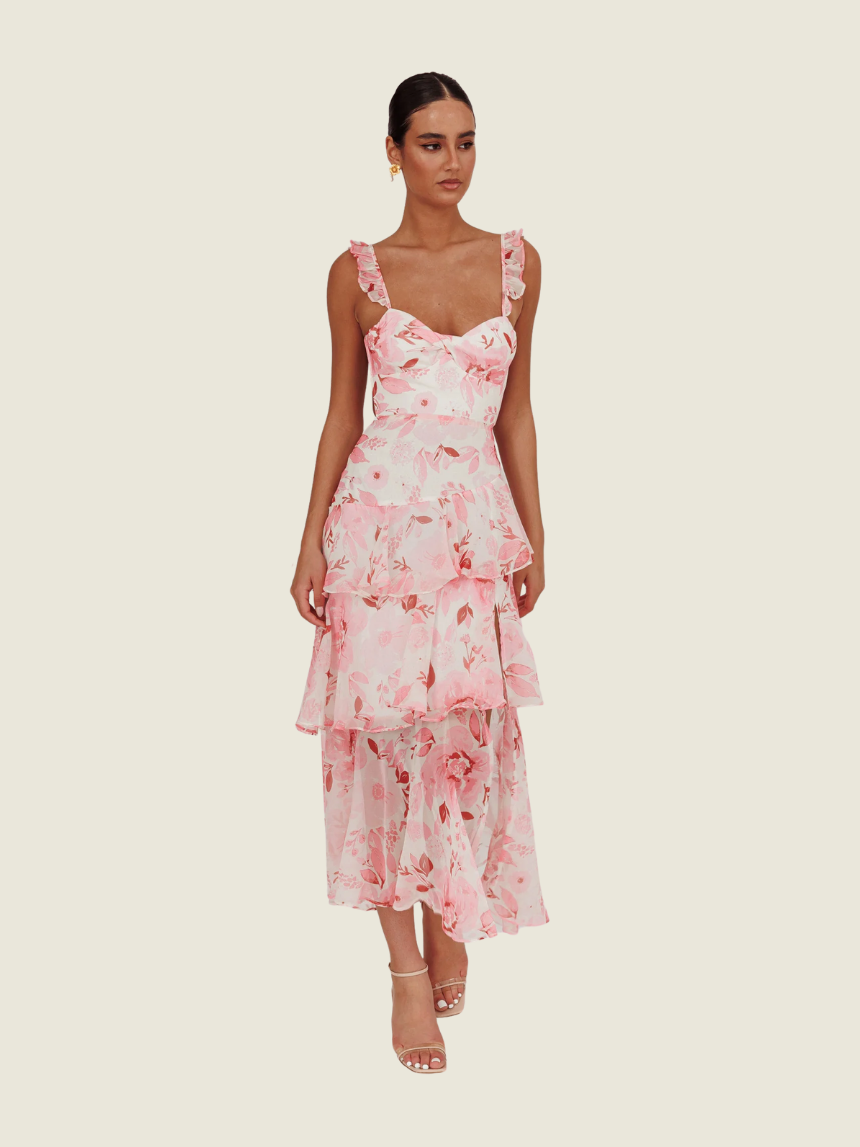veda strappy back ruffle midi dress Veda Strappy Back Ruffle Midi Dress Floral Blue